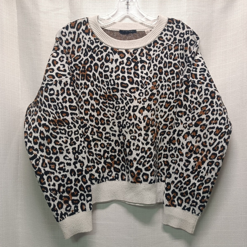 T‎ Tahari Sweater Women XL Cream Leopard Animal Print Pullover Crew Neck Casual